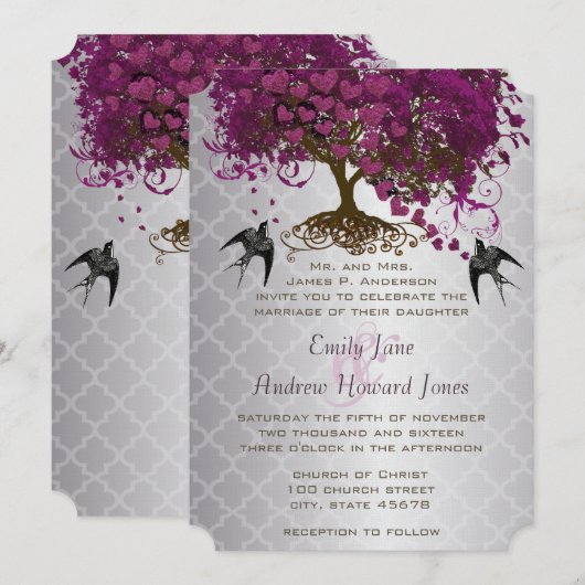 Romantic Hearts Plum Heart Leaf Tree Wedding Kaart (Voorkant / Achterkant)