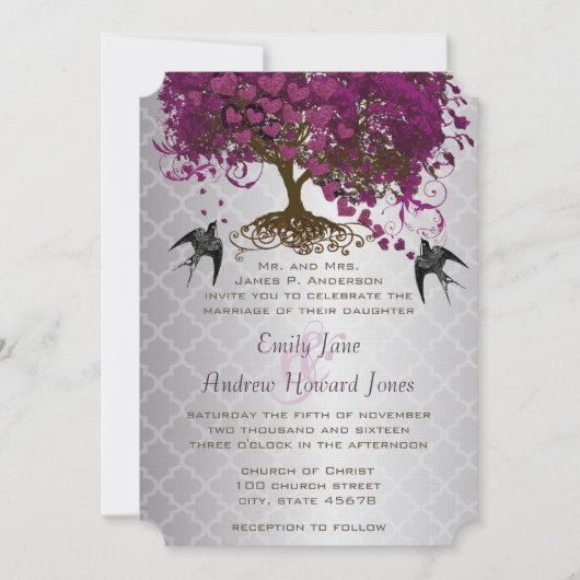 Romantic Hearts Plum Heart Leaf Tree Wedding Kaart (Voorkant)