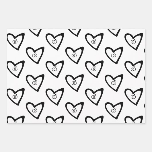 Romantic Hearts Rings Black Pattern Weddenschap Inpakpapier Vel (Voorkant 3)