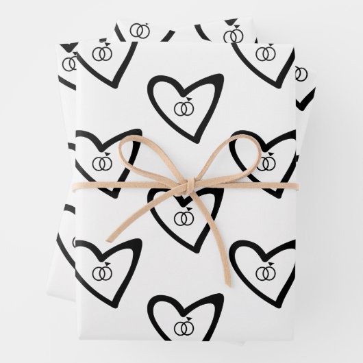 Romantic Hearts Rings Black Pattern Weddenschap Inpakpapier Vel (In situ)