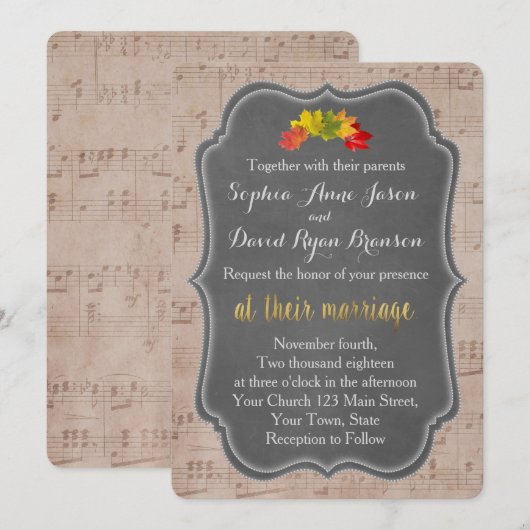 Romantic Herfst Music Sheet Weddenschap Kaart (Voorkant / Achterkant)