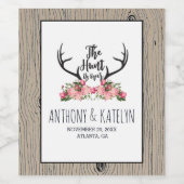 Romantic Hunt is over Rustic Antler Floral Wedding Wijn Etiket (Enkel label)