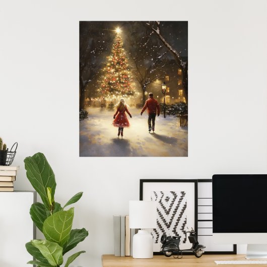 Romantic Ice Skating Couple Christmas Wall Art Poster (Thuiskantoor)