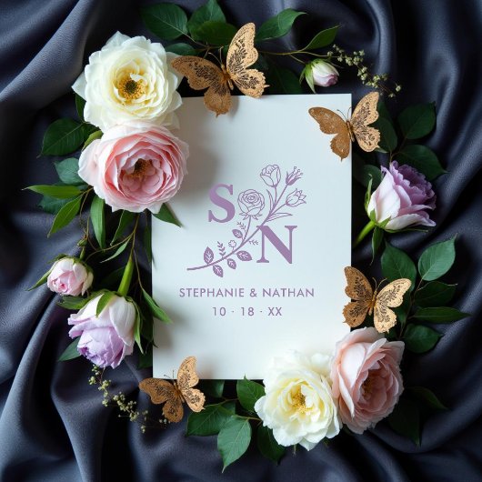 Romantic Initials Wildflowers Branches Wedding Rubberstempel