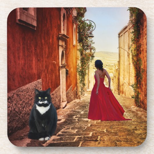 Romantic Italian Village Tuxedo Cat Coaster Bier Onderzetter (Voorkant)