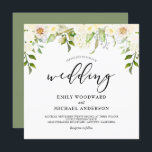 Romantic Ivory Cream Floral Square Weddenschap Kaart<br><div class="desc">Deze mooie uitnodiging voor een vierkante bruiloft bevat een romantische florale waterval van ivoorcrème waterverf hydrangeas, rozen en pinda's boven het woord "bruiloft" in elegant handschrift. Pas de rest van de tekst met de namen van de bruid en de groom, datum, tijd, en plaats aan. Ideaal voor een lente- of...</div>