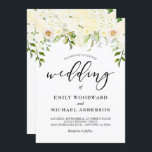 Romantic Ivory Cream Floral Waterverf Wedding Kaart<br><div class="desc">Deze mooie trouwuitnodiging bevat een romantische florale waterval van ivoorcrème waterverf hydrangeas, rozen en pinda's boven het woord "bruiloft" in elegant handschrift. Pas de rest van de tekst met de namen van de bruid en de groom, datum, tijd, en plaats aan. Ideaal voor een lente- of zomerhuwelijk. Bekijk ons Romantische...</div>