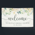 Romantic Ivory Floral | Welkom Spandoek<br><div class="desc">Deze verbluffende banner heeft trendy waterverf bloemen in tinten van ivoor,  wit,  perziken en goud,  met groene bladeren. Moderne,  donkergroene typografie zegt "welkom",  waardoor deze banner perfect is voor elke viering,  inclusief vrijgezellenfeesten,  baby showers,  afstuderen en bruiloften.</div>
