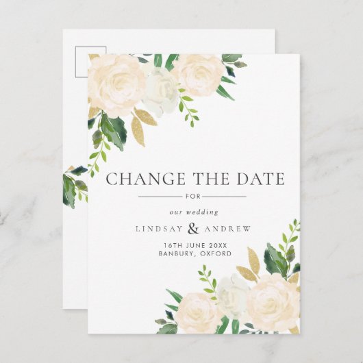 Romantic Ivory Rozen Wedding verander de datum Aankondigingskaart (Voorkant / Achterkant)