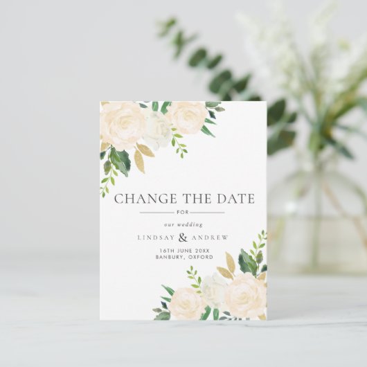 Romantic Ivory Rozen Wedding verander de datum Aankondigingskaart (Staand voorkant)