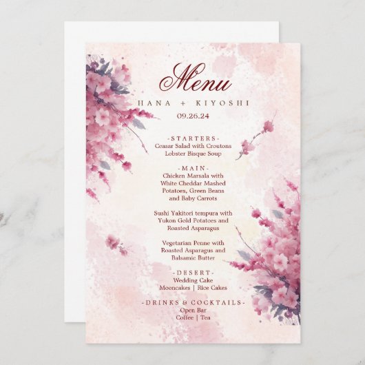 Romantic Japan Pink Cherry Blossom Weddenschap Men Menu (Voorkant / Achterkant)