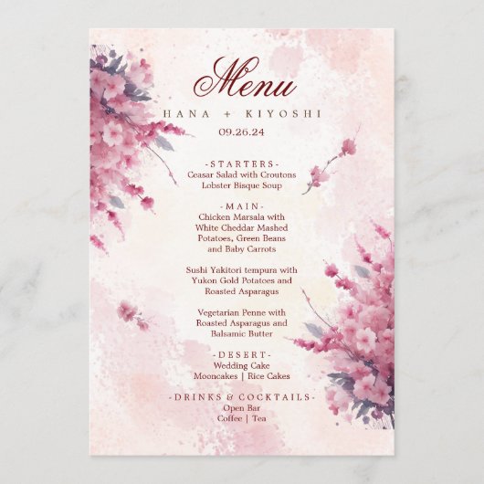 Romantic Japan Pink Cherry Blossom Weddenschap Men Menu (Voorkant)