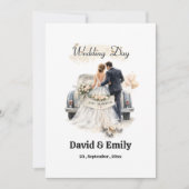 Romantic "Just Married" Couple & Vintage Car  Kaart (Voorkant)