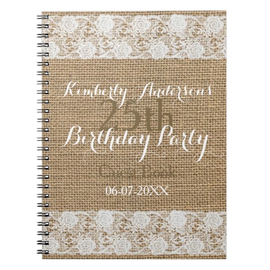 Romantic Lace burlap 25th Birthday Guest Book Notitieboek (Voorkant)