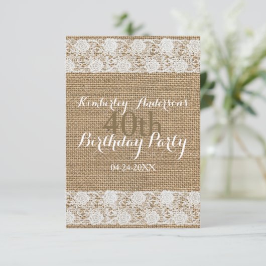 Romantic Lace Burlap 40th Birthday Party VFCI Kaart (Staand voorkant)