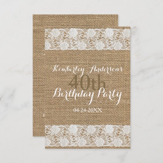 Romantic Lace Burlap 40th Birthday Party VFCI Kaart (Voorkant / Achterkant)