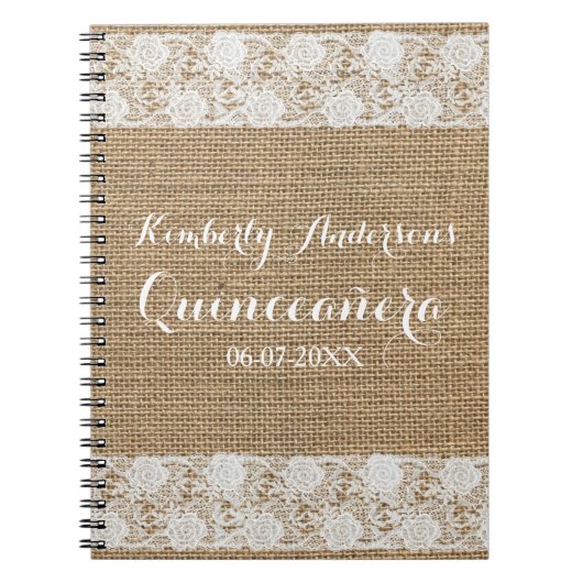 Romantic Lace en burlap Quinceañera Guest Book Notitieboek (Voorkant)