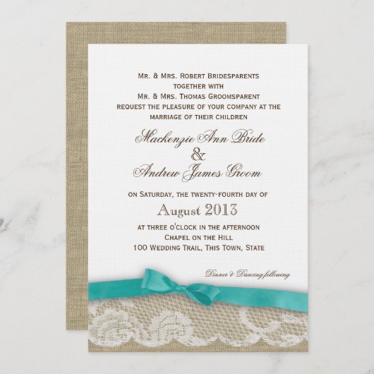Romantic Lace en Dark Aqua Bow Wedding Kaart (Voorkant / Achterkant)