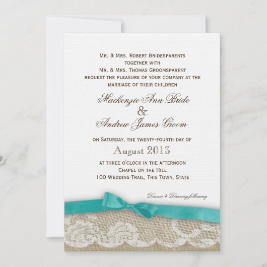 Romantic Lace en Dark Aqua Bow Wedding Kaart (Voorkant)