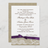 Romantic Lace en Dark Paarse Bow Wedding Kaart (Voorkant / Achterkant)