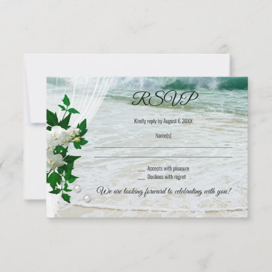 Romantic Lace Pearls Orchid Beach Wedding RSVP Kaart (Voorkant)