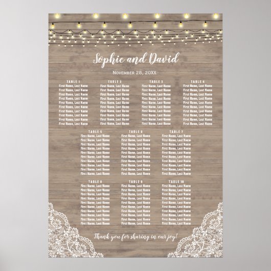 Romantic Lace String Lights Wedding Seding Chart Poster (Voorkant)