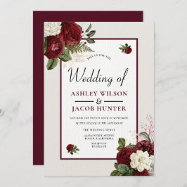 Romantic Laid Burgundy Floral Wedding Invite Kaart