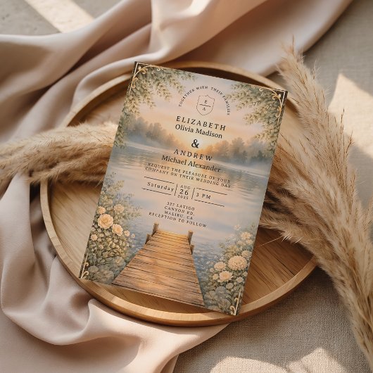 Romantic Lake Pier Wildflower Wedding Kaart