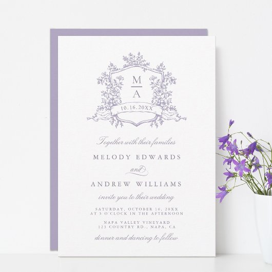 Romantic Lavender Floral Crest Wedding Kaart