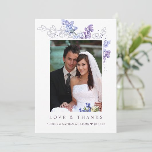 Romantic Lavender Floral Foto Weduwschap Dank je Bedankkaart (Staand voorkant)