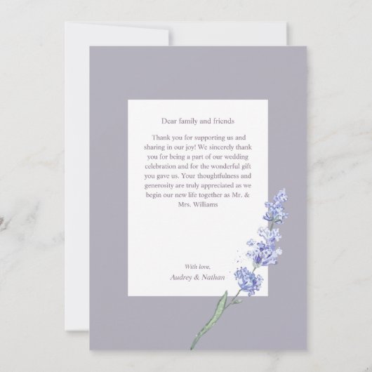 Romantic Lavender Floral Foto Weduwschap Dank je Bedankkaart (Achterkant)