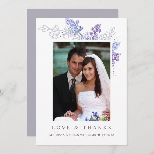 Romantic Lavender Floral Foto Weduwschap Dank je Bedankkaart (Voorkant / Achterkant)