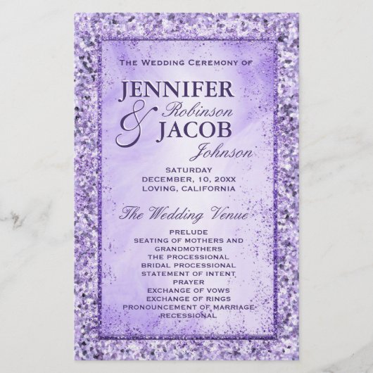 Romantic Lavender Glitter Wedding Programme (Voorkant)
