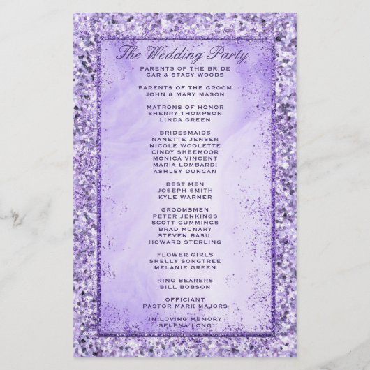 Romantic Lavender Glitter Wedding Programme (Achterkant)