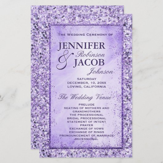 Romantic Lavender Glitter Wedding Programme (Voorkant / Achterkant)