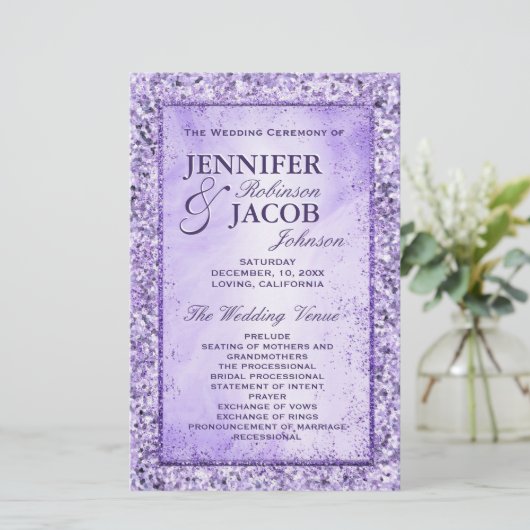 Romantic Lavender Glitter Wedding Programme (Staand voorkant)