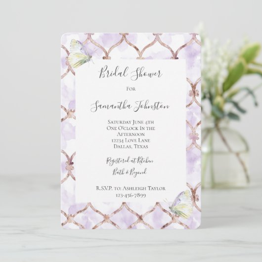 Romantic Lavender Green Butterflies Bridal Shower Kaart (Staand voorkant)