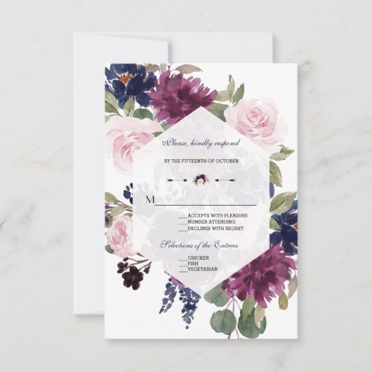 Romantic Lavender Navy Blue Floral Bloom Wedding RSVP Kaartje (Voorkant)