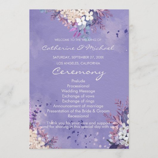 Romantic Lavender Waterverf Floral Spring Wedding Programmakaart (Voorkant)