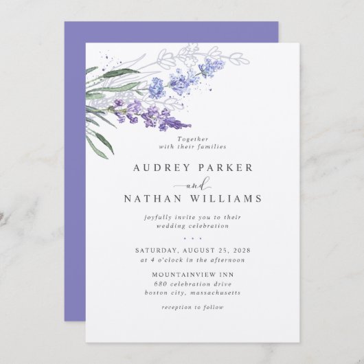 Romantic Lavender Waterverf Floral Wedding Kaart (Voorkant / Achterkant)