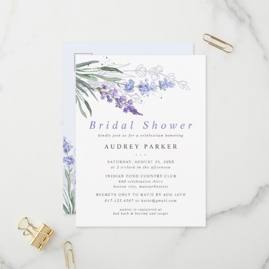 Romantic Lavender Waterverf Floral Wedding Uitnodiging Briefkaart (Voorkant / Achterkant in situ)