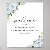 Romantic Light Blue Floral Engagement Party Poster (Voorkant)