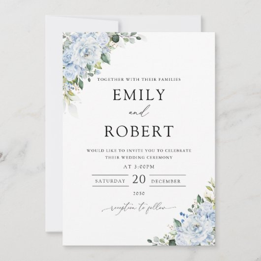 Romantic Light Blue Floral Wedding Invitation Kaart (Voorkant)