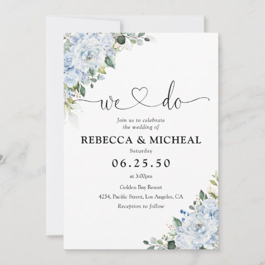 Romantic Light Blue Floral Wedding Invitation Kaart (Voorkant)