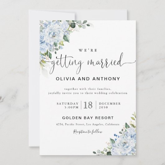 Romantic Light Blue Floral Wedding Invitation Kaart (Voorkant)