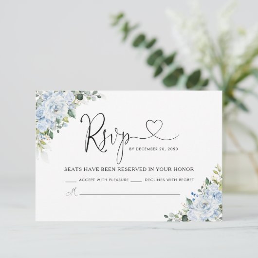 Romantic Light Blue Floral Wedding RSVP Card Kaartje (Staand voorkant)