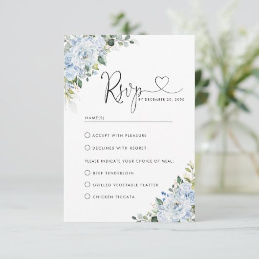 Romantic Light Blue Floral Wedding RSVP Card Kaartje (Staand voorkant)