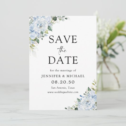 Romantic Light Blue Floral Wedding Save The Date (Staand voorkant)