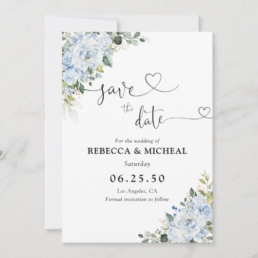 Romantic Light Blue Floral Wedding Save The Date (Voorkant)