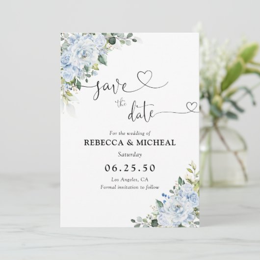 Romantic Light Blue Floral Wedding Save The Date (Staand voorkant)